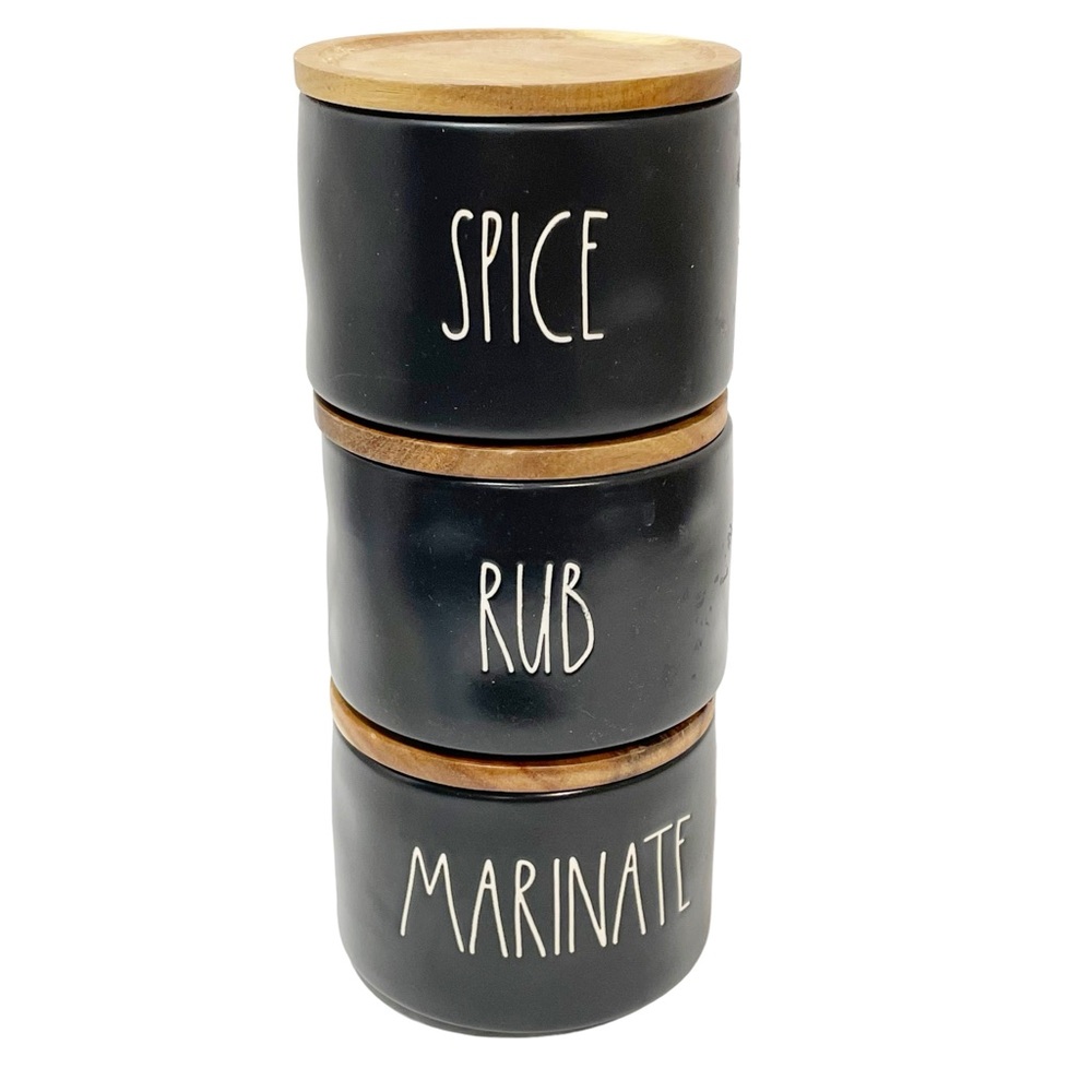 Rae Dunn Black “SPICE-MARINATE-RUB” Stackable Jars With Wood‎ Lids Kitchen BBQ